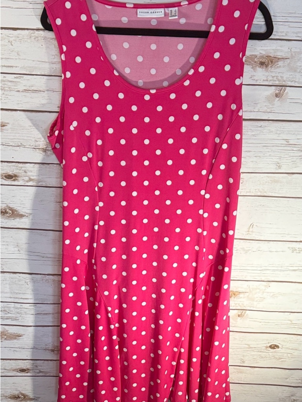 Susan Graver Dress Pink White Polka Dots Midi Sleeveless Liquid Knit Women’s L